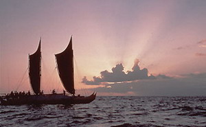 The Polynesian voyaging canoe Hokule'a visits the NWHI. Credit: Monte Costa