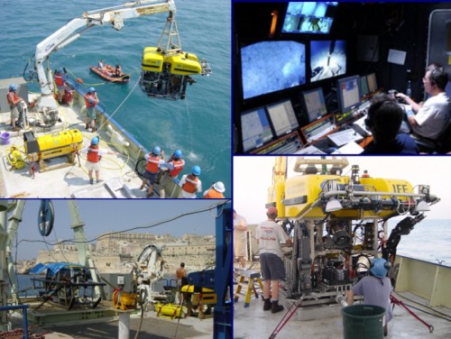 Collage of images from the 2003 Black Sea expedition showing (clockwise from upper left): Hercules lowered into the water; control van where pilots and navigators sit (courtesy of IFE); a front view of Hercules; Argus on the fantail, as the R/V Knorr leaves Malta for the Black Sea.