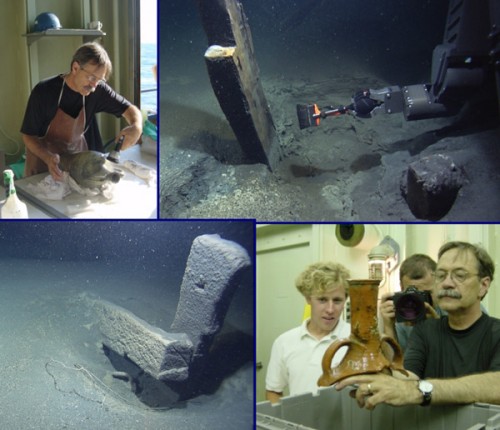 Collage of artifact and shipwreck images from the 2003 Black Sea expedition showing (clockwise from upper left): Dennis Piechota prepares an amphora for conservation; Hercules' manipulator arm brushes away years of sedimentation from a wood post, just like an archaeologist; Dennis Piechota and Todd Gregory, an ROV pilot, examine a piece of amphora during conservation; well-preserved wood frames, complete with tool marks. (Underwater images courtesy of IFE.)