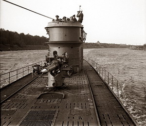 The conning tower and forward deck gun of the <em>U-166 </em>, viewed from the foredeck as the boat was transiting the Kiel Canal between the Baltic and North Seas. (Image courtesy of the PAST Foundation and the D-Day Museum, New Orleans.)