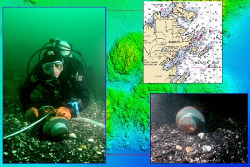  Archaeological diver with an artifact from the wreck of the  Kad'yak, and a close-up of the artifact that had the name of the Russian ship scribed in Cyrillic. The background depicts some of the bathymetry mapped by the NOAA Ship Rainier </em>using multibeam sonar. (Courtesy of East Carolina University and NOAA's Office of Coast Survey.)