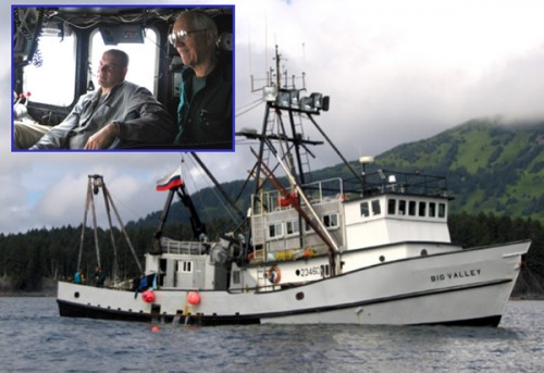 The F/V Big Valley on station at the Kad'yak wreck site, with an inset of the captain Gary Edward and maritime professor Dr. Tim Runyan on the vessel's bridge. (Courtesy of Tane Casserly, NOAA/NMSP.)